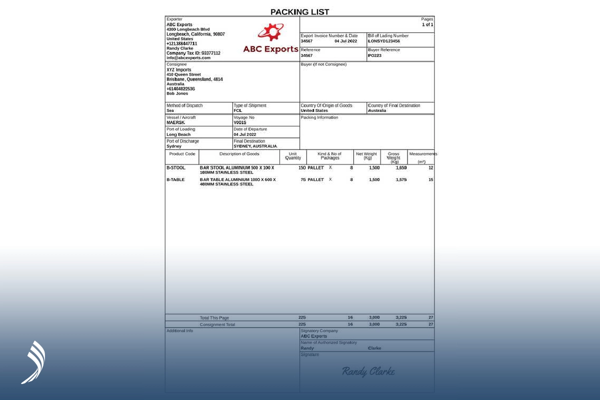 نمونه packing list